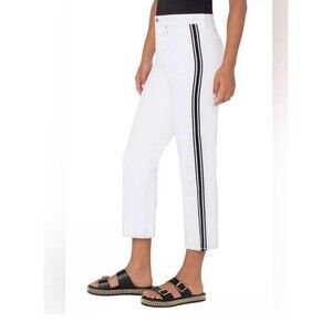 Women's White Straight Leg Jeans with Black Stripe